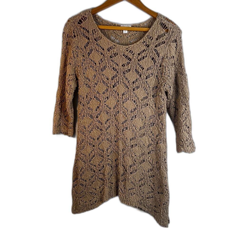 J‎ Jill 'Missy' Beige Crochet Tunic Open Weave Sweater Boho Coastal Size MD